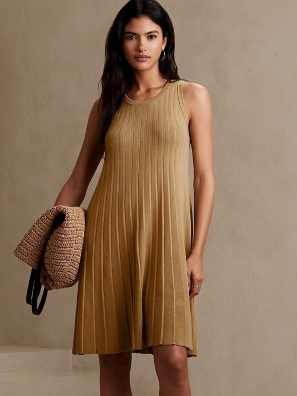 Banana Republic Factory Pleated Sweater Dress Khaki Sleeveless Flare